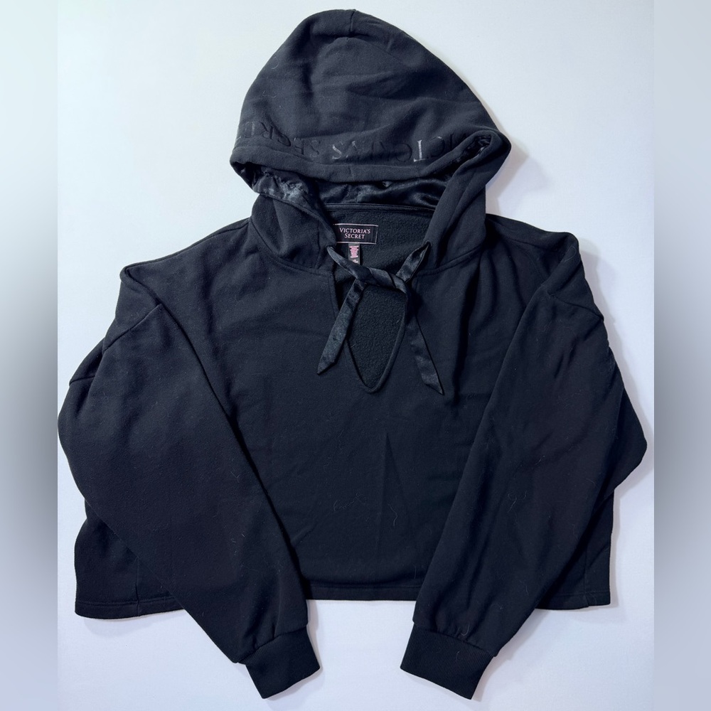 Victoria's Secret Black Satin Hood Lining and Trim Cropped Hoodie